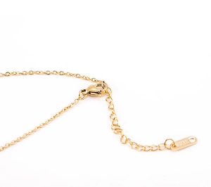 Detail of the lobster clasp and stainless steel extension chain with S.STEEL tag