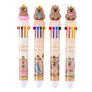 Cute capybara themed 10-color retractable ballpoint pens with cartoon toppers in 4 styles