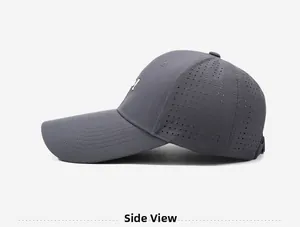 Detail view of laser-perforated side vents on a dark grey breathable sports baseball cap