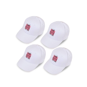 Set of four white baseball caps with Think Outside The Box print and curved brim