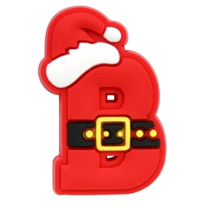 Detailed view of red Christmas letter B shoe charm featuring Santa hat and black belt