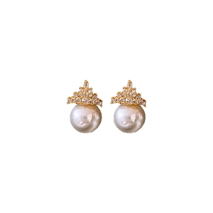 Elegant gold crown earrings with white faux pearls and cubic zirconia stones on white background