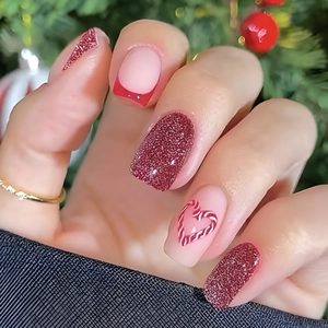 Short Glossy Square Press On Nails With Heart Pattern Glitter French Tips Sweet Red Pink Fake Nails For Valentine Dating