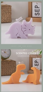 Detail of handmade dinosaur scented candles including triceratops and T-Rex styles