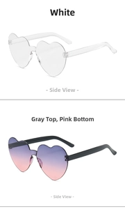 Detail view of heart-shaped rimless sunglasses in clear and grey-pink gradient lenses