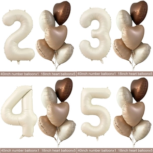 Detail view of 40-inch cream and caramel number balloon set with 18-inch heart balloons