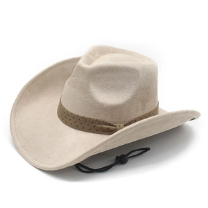 Beige faux suede western cowboy hat with brown polka dot band and adjustable chin strap