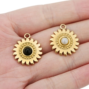 Golden stainless steel sunflower pendants with pearl and onyx inlays for DIY necklaces