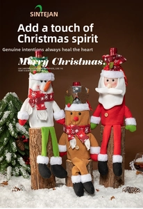 Detailed view of three festive Christmas wine bottle covers with snowman and reindeer