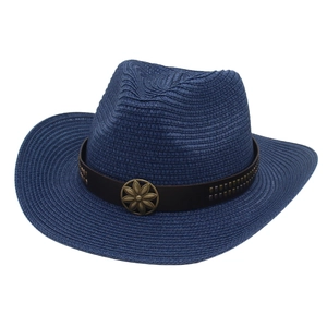 Chapeau de cowboy occidental en paille bleu marine avec lanière en cuir et boucle