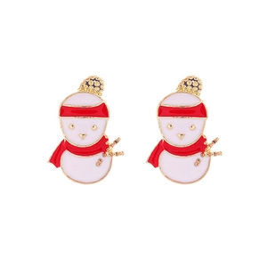 Detailed view of snowman Christmas stud earrings with gold plating and colorful enamel