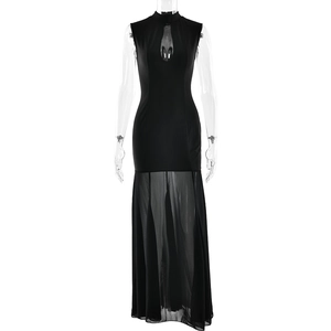Sexy black sleeveless maxi dress with cutout bodice and sheer tulle fishtail hemline