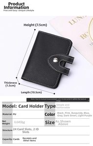 Size guide for PU leather card holder showing dimensions 10.5x7.5x1.5 cm with 24 slots