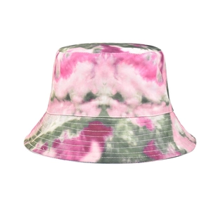 Detailed view of reinforced brim stitching on a pink and green tie-dye bucket hat