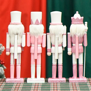 Set of 4 pink and white wooden 30cm nutcracker soldier statues with glitter and fur detail