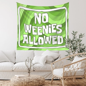 Modern living room wall decor featuring green wavy tapestry with NO WEENIES ALLOWED text