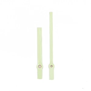 Luminous green quartz clock hand set including hour and minute hands on white background