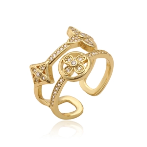 18K gold plated double-layer open ring featuring zircon flower and star-shaped motifs