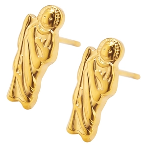 Detailed macro view of vintage gold religious relief earrings in 304 stainless steel