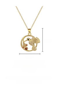 Detailed technical spec showing dimensions of gold hummingbird pendant necklace with crystals