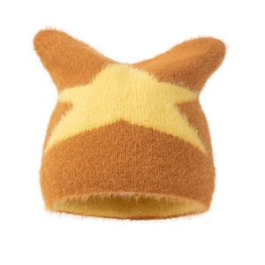 Winter knitted cat ear beanie in brown with a large yellow star pattern and plush finish