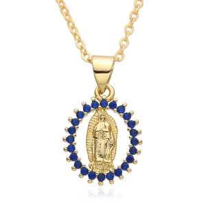 Golden Virgin Mary pendant necklace with deep blue zircon halo on white background