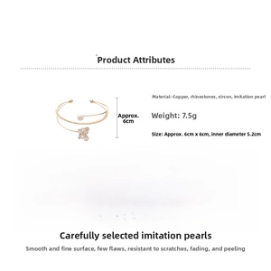 Detail view of gold floral pearl bracelet showing double-layer copper band and dimensions