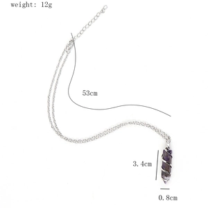 Detail view of hex amethyst pendant with dimensions 3.4cm and 53cm chain length