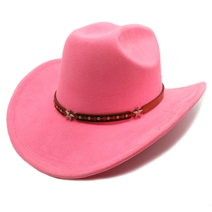 Detail of hot pink suede cowboy hat with brown leather band and star metal rivets