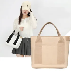 Canvas Tote Bag For Women Large Capacity Minimalist Japanese Style Handbag With External Pocket Casual Daily Commute