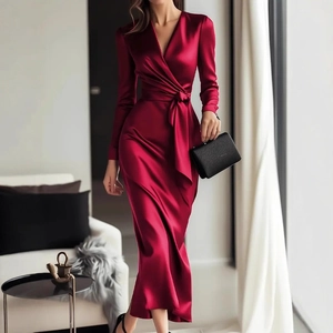 Elegant burgundy satin long sleeve V-neck midi dress with waist tie and silky finish