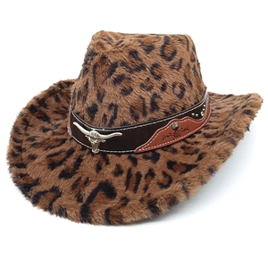 Leopard Print Faux Fur Cowboy Hat Western Style Wide Brim Bull Head Metal Decor Riveted PU Leather Band