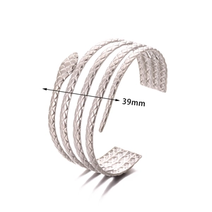 Silver multi-layer snake open bracelet with textured scale finish and 39mm inner diameter