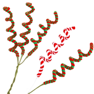 Spiral Christmas candy cane stems in red, green and white for festive tree decoration