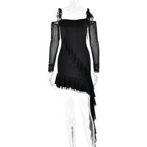 Black off-shoulder dress with sheer mesh sleeves and asymmetric ruffled hemline