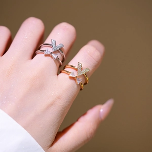 V Shape And Bowtie Double Layer Adjustable Opening Ring Copper Gold Plated With Zircon Fashion Jewelry For Women