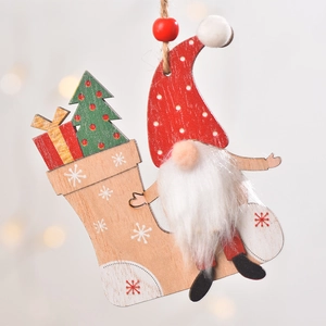 Wooden Christmas gnome pendant with red polka dot hat and stocking for tree decoration