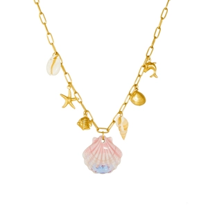 Gold-plated ocean theme necklace with pink gradient scallop and starfish charms