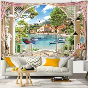 3D Mediterranean seaside landscape tapestry with arch view for home wall decor