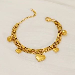 Bracelet Double Couche Pendentif Coeur Acier Inoxydable Plaqué Or Chaîne Maille Gourmette Réglable Bijoux Femmes