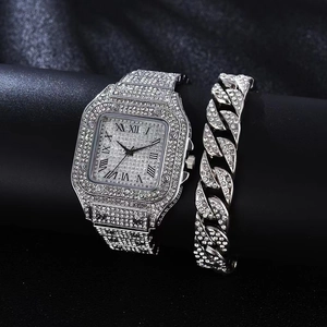 Classic silver square quartz watch and iced-out Cuban bracelet set with full diamond inlay