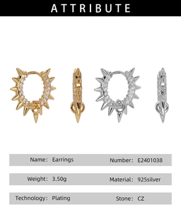 Detailed view of S925 sterling silver punk spike earrings with shiny CZ zircon settings