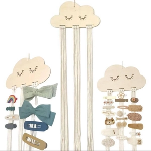 Wooden Cloud Hair Clip Organizer Wall Hanging Hair Bow Storage Cotton Rope Headwear Holder Nordic Nursery Decor For Girls