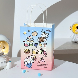 Close-up of cute cartoon puppy gift bag with blue-pink gradient and white paper handles
