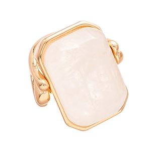 Minimalist gold ring with large rectangular pink natural stone on white background