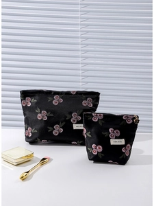 Elegant black satin makeup bag set with vintage pink rose embroidery and H & R BAG label