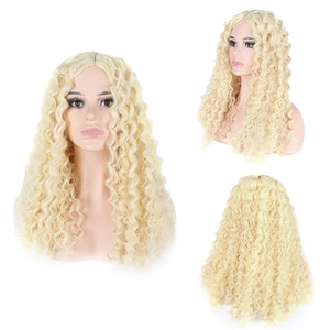 Long golden curly afro wig for women with matte synthetic fiber from three angles