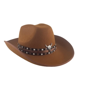 Close-up of brown felt cowboy hat featuring silver bull head pin and integrated LED lights
