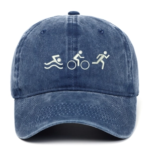 Vintage washed blue triathlon baseball cap with white embroidered sports icons for unisex