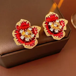 Vintage Flower Stud Earrings Alloy Enamel Rhinestone With Silver Earring Post Palace Style For Women Elegant